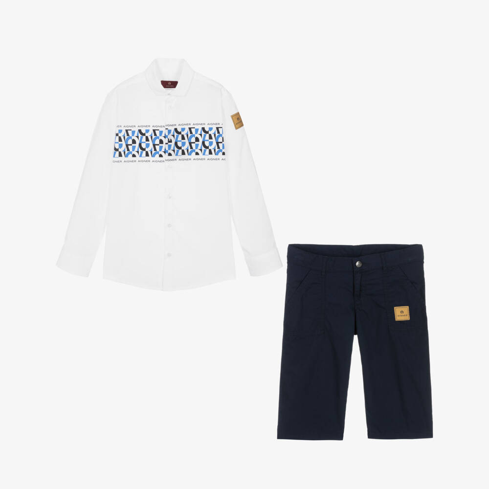 AIGNER-Teen Boys White & Blue Cotton Shorts Set | Childrensalon Outlet