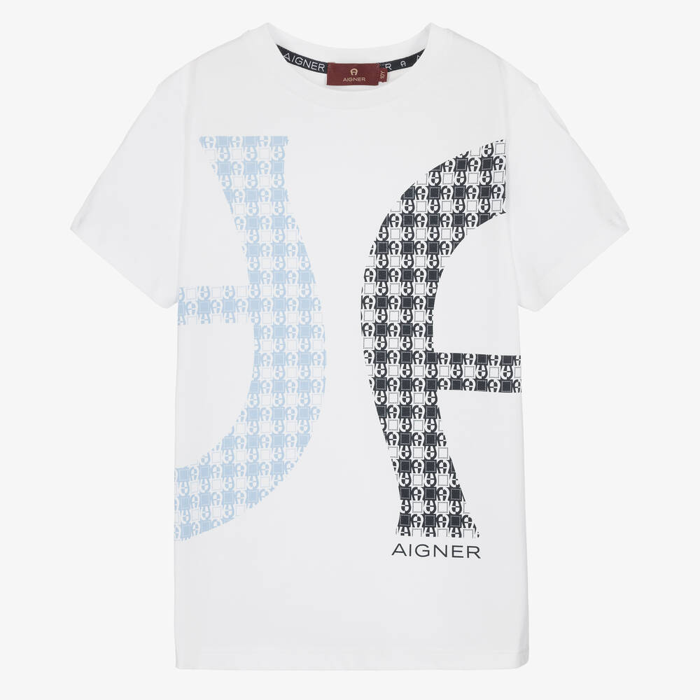 AIGNER - Teen Boys White & Blue Cotton T-Shirt | Childrensalon