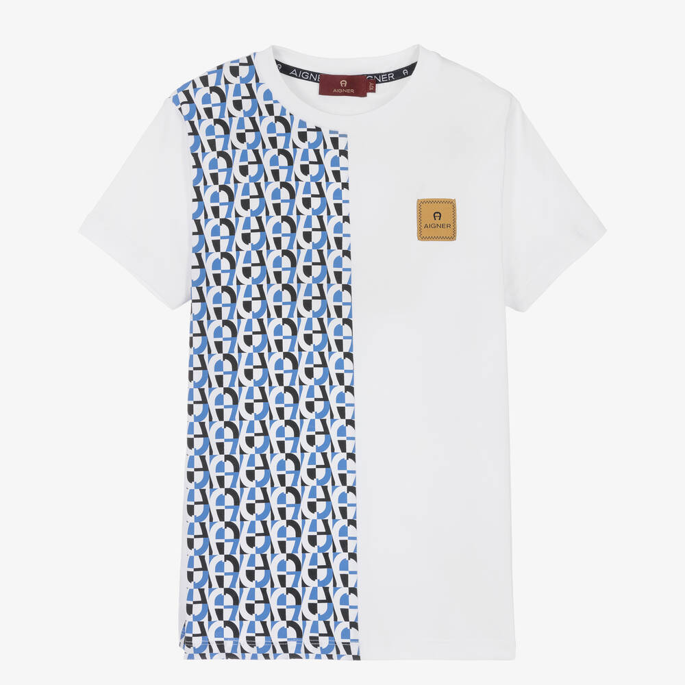 AIGNER-Teen Boys White & Blue Cotton T-Shirt | Childrensalon Outlet