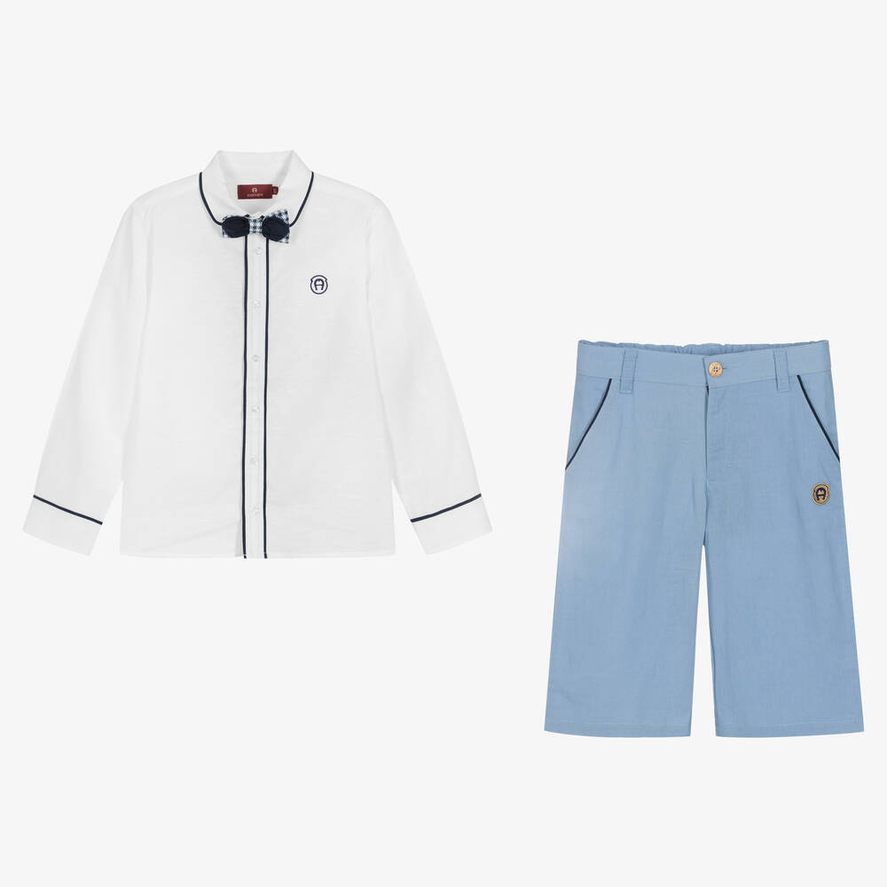 AIGNER - Teen Boys White & Blue Linen Shorts Set | Childrensalon