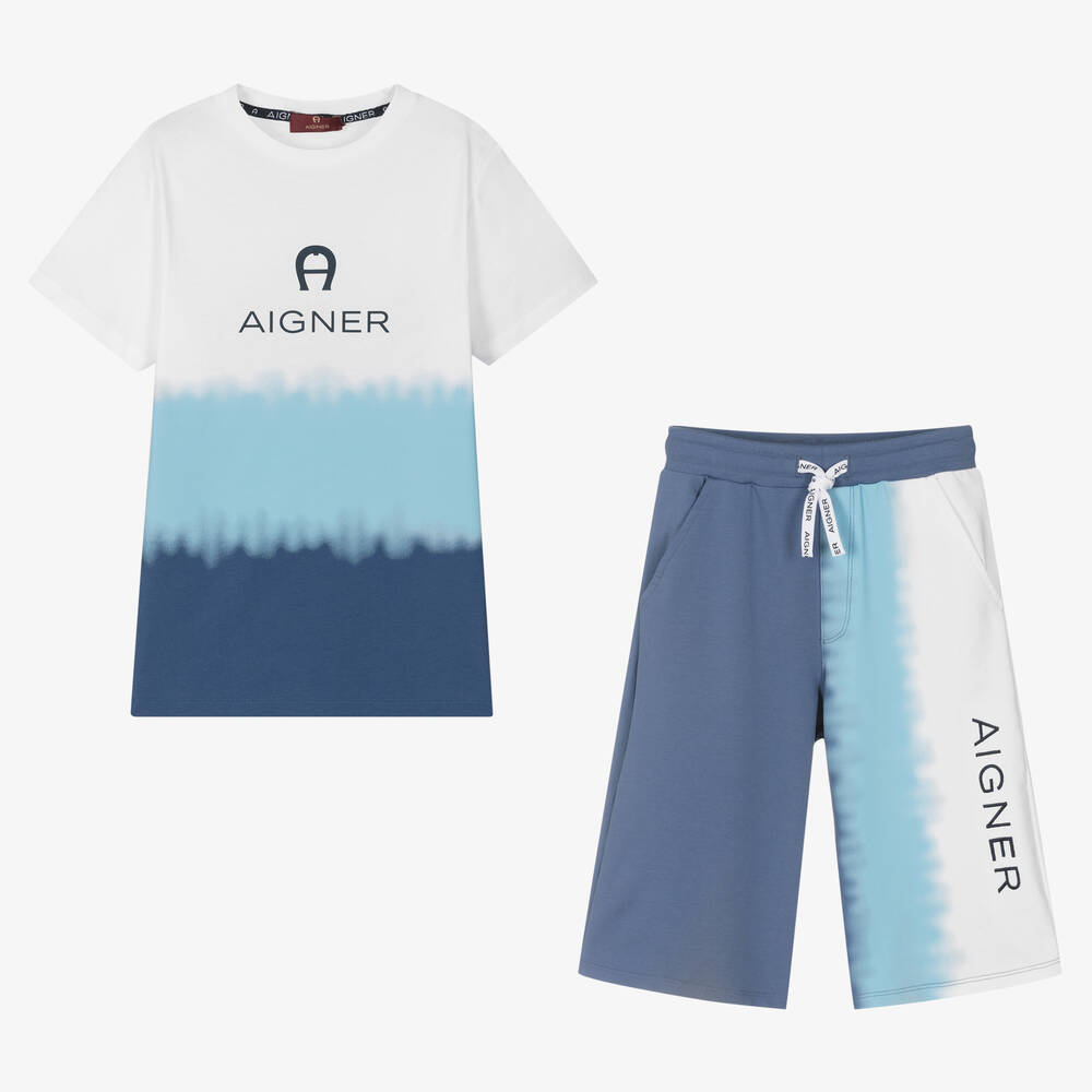 AIGNER-Teen Boys White & Blue Logo Shorts Set | Childrensalon Outlet