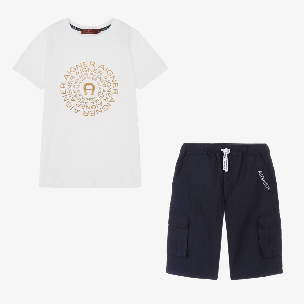 AIGNER - Teen Top & Shorts Set in Weiß-Blau | Childrensalon