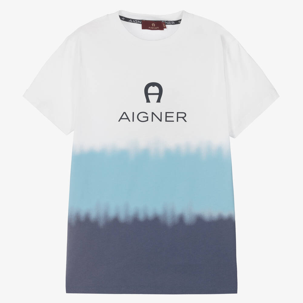 AIGNER - T-shirt blanc et bleu ado garçon | Childrensalon