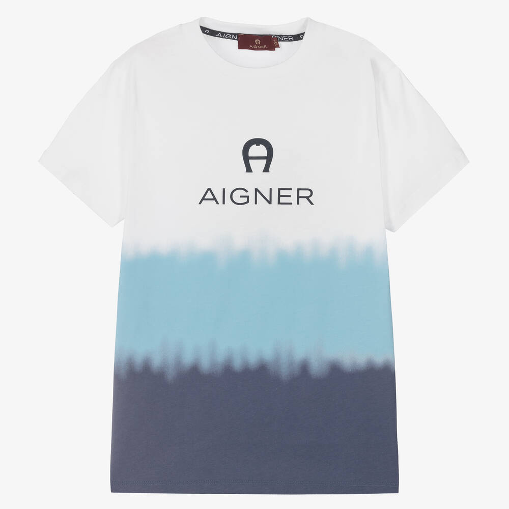 AIGNER-Teen Boys White & Blue Logo T-Shirt | Childrensalon Outlet