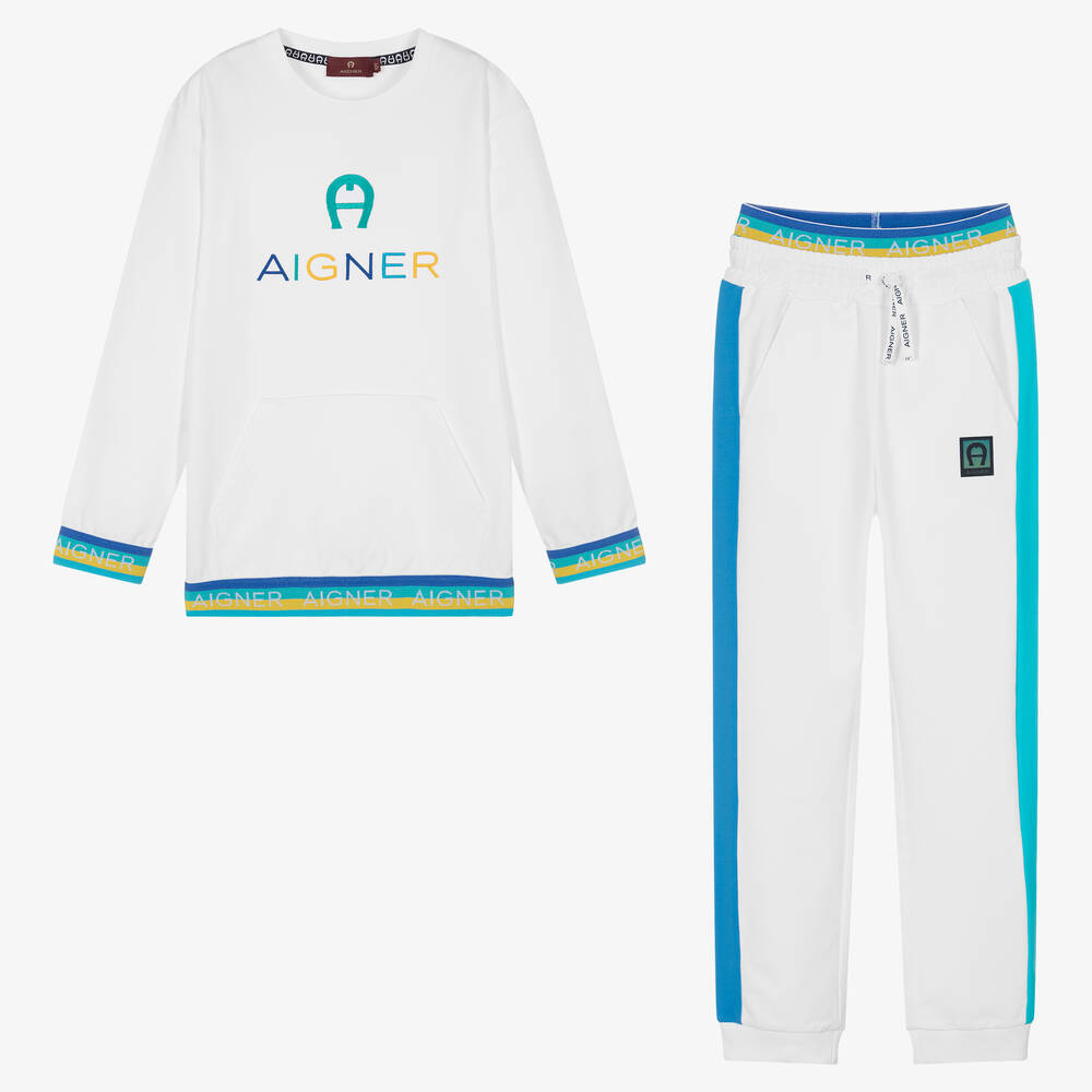 AIGNER - Teen Boys White & Blue Logo Tracksuit | Childrensalon
