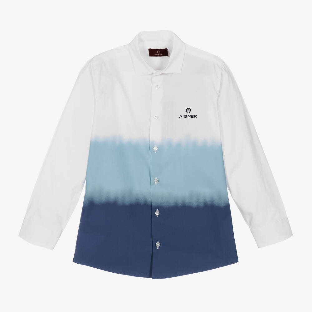 AIGNER-Teen Boys White & Blue Ombré Cotton Shirt | Childrensalon Outlet