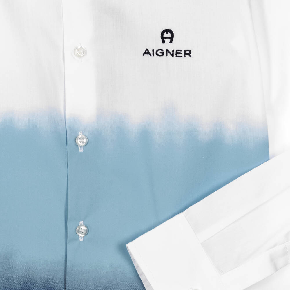 AIGNER-Teen Boys White & Blue Ombré Cotton Shirt | Childrensalon Outlet
