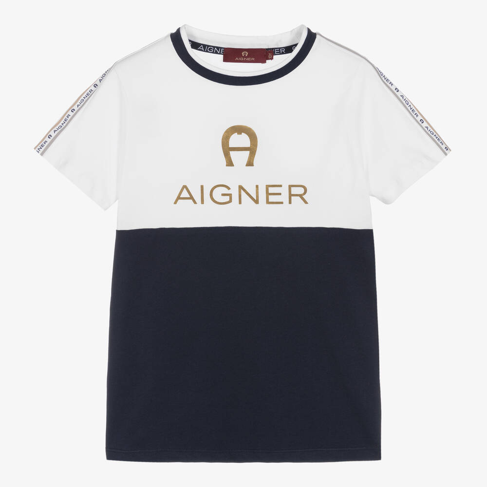 AIGNER-Teen Boys White & Blue T-Shirt | Childrensalon Outlet