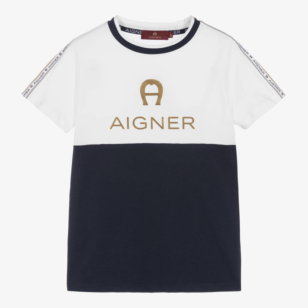 AIGNER - تيشيرت تينز ولادي قطن لون أبيض وكحلي | Childrensalon