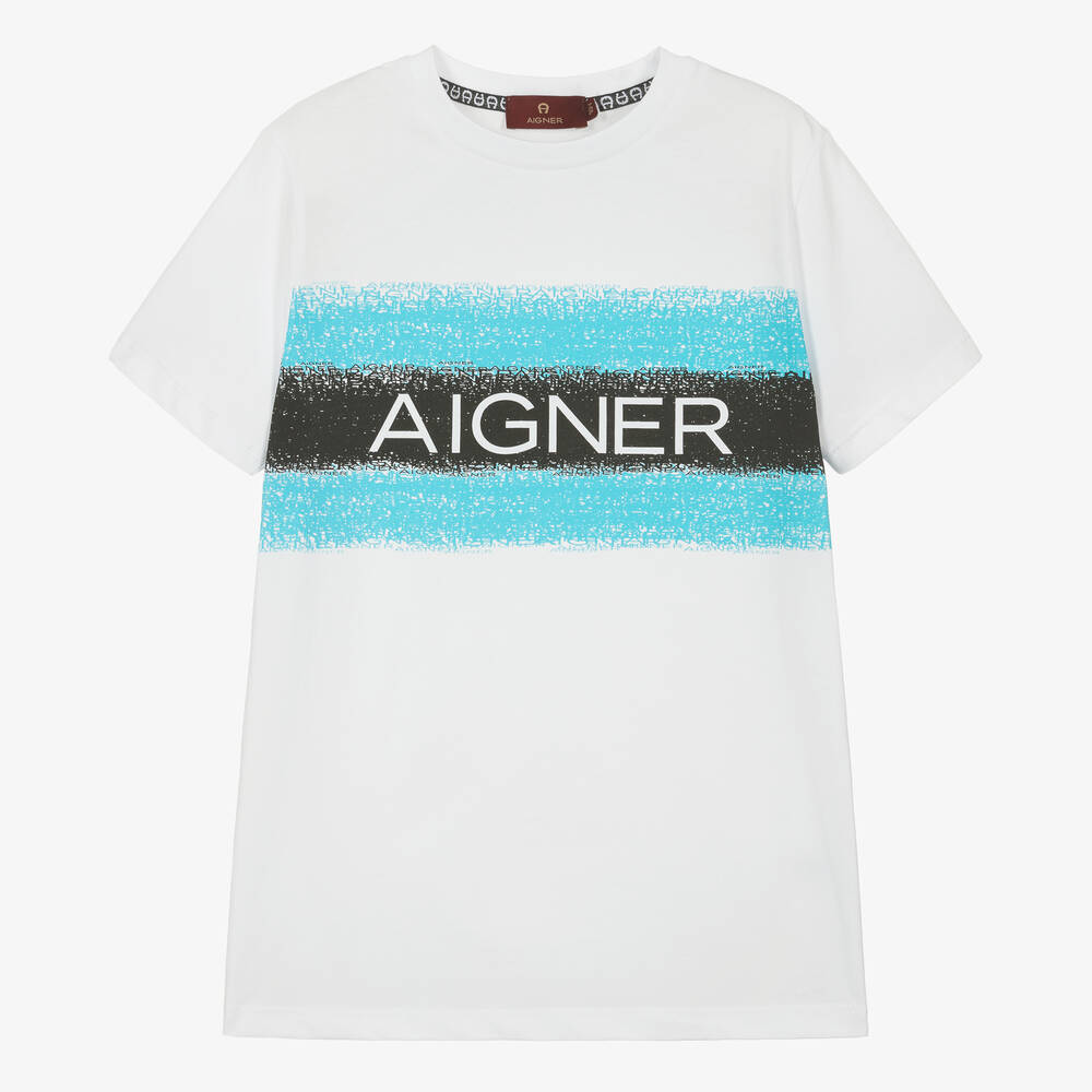 AIGNER-تيشيرت تينز ولادي قطن مقلم لون أبيض | Childrensalon Outlet