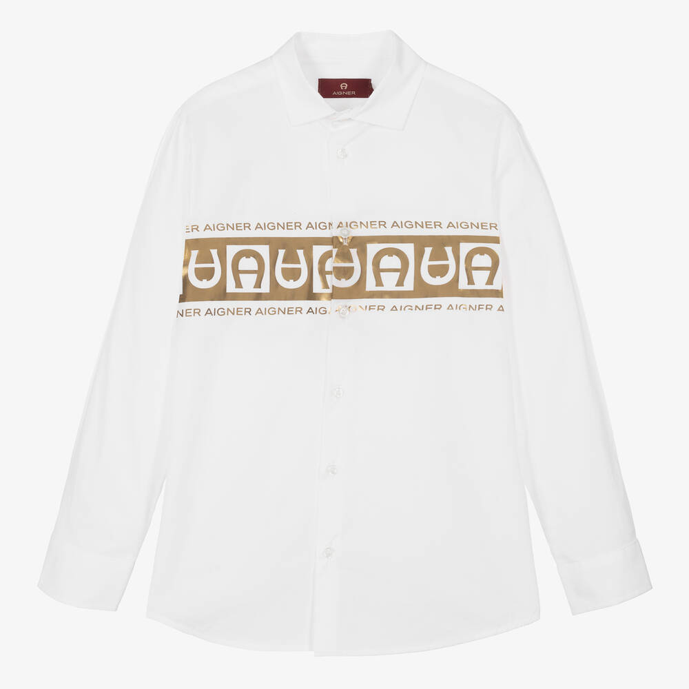 AIGNER-Teen Boys White & Gold Cotton Shirt | Childrensalon Outlet