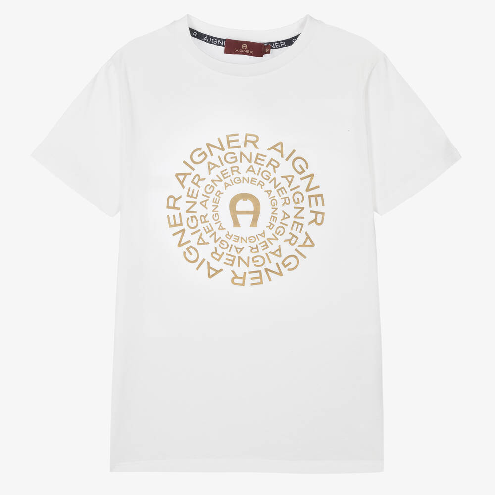 AIGNER - Белая футболка с золотистым логотипом | Childrensalon