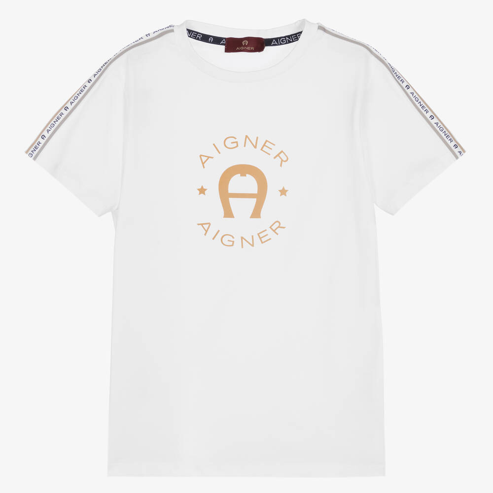AIGNER - Teen Boys White Logo T-Shirt | Childrensalon