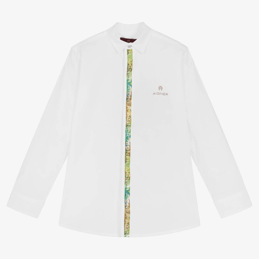 AIGNER - Teen Boys White Logo Tape Shirt | Childrensalon