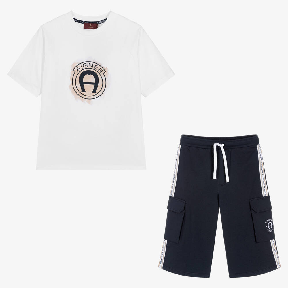 AIGNER - Teen Boys White & Navy Blue Shorts Set | Childrensalon