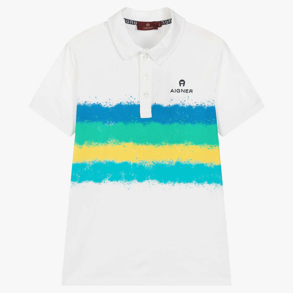 AIGNER - Polo blanc bandes de peinture ado | Childrensalon