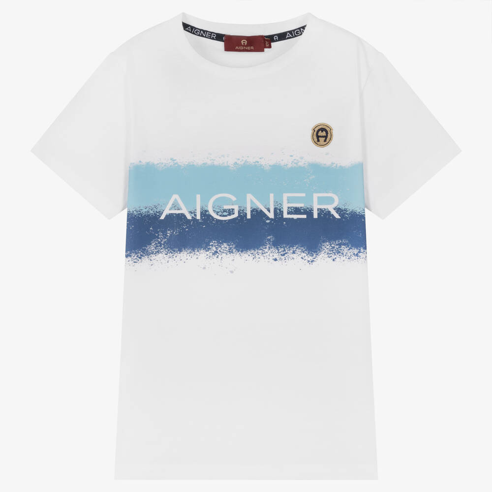AIGNER - Teen Boys White Striped Logo T-Shirt | Childrensalon