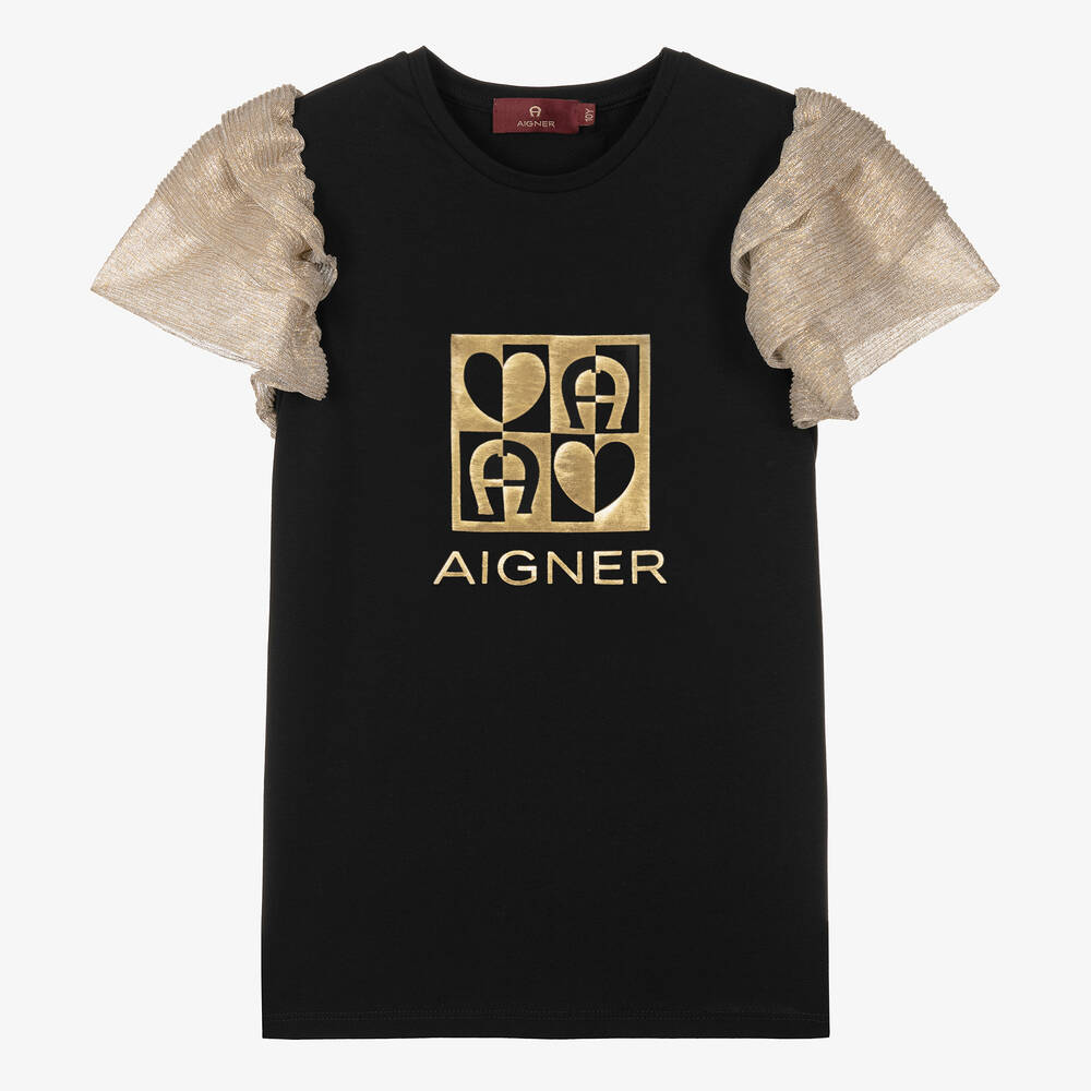 AIGNER-Teen Girls Black & Gold Cotton Top | Childrensalon Outlet