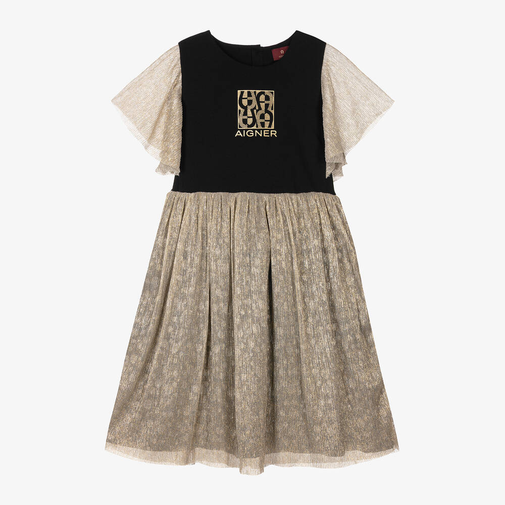 AIGNER-Teen Girls Black & Metallic Gold Dress | Childrensalon Outlet