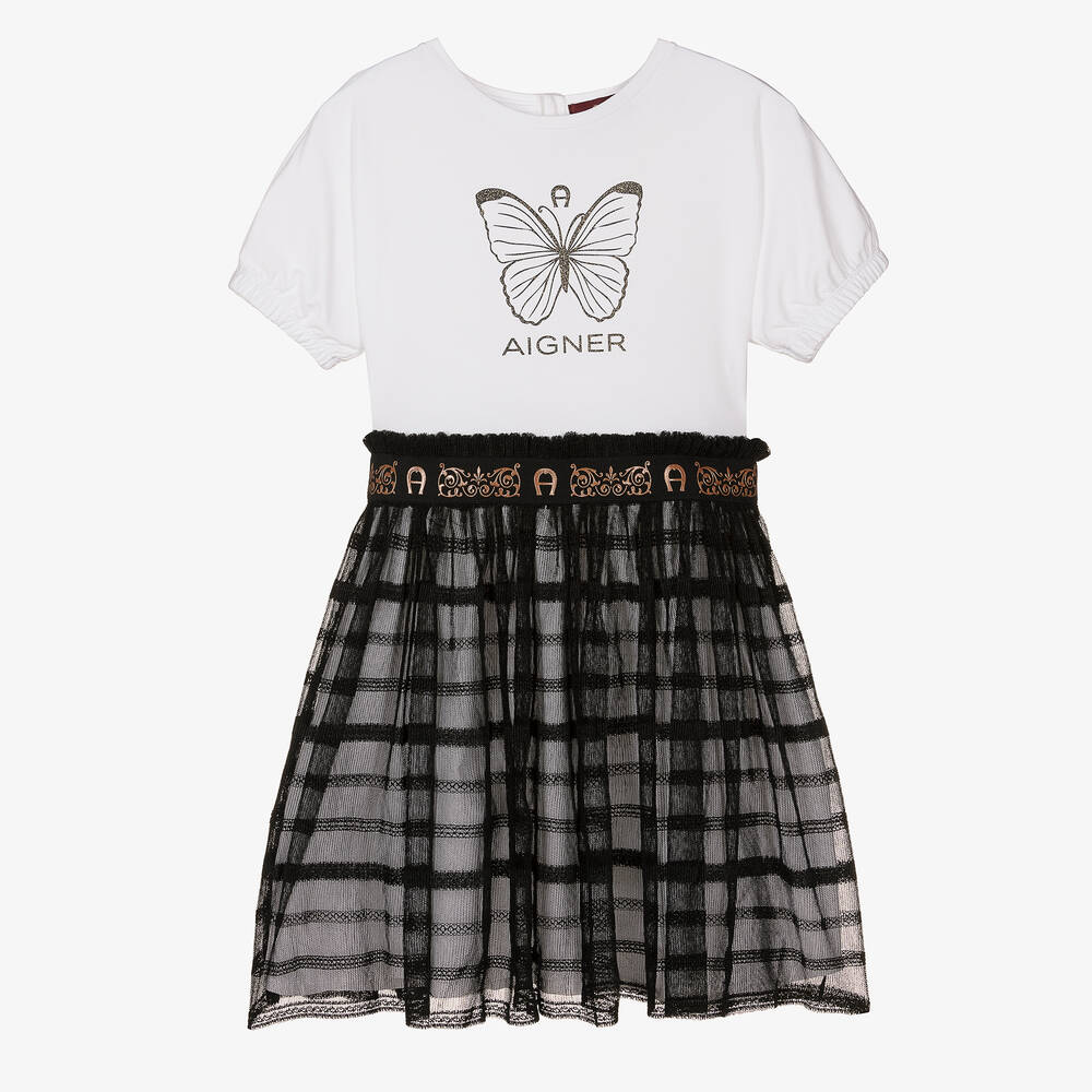 AIGNER - فستان قطن جيرسي شبك لون أسود وأبيض | Childrensalon