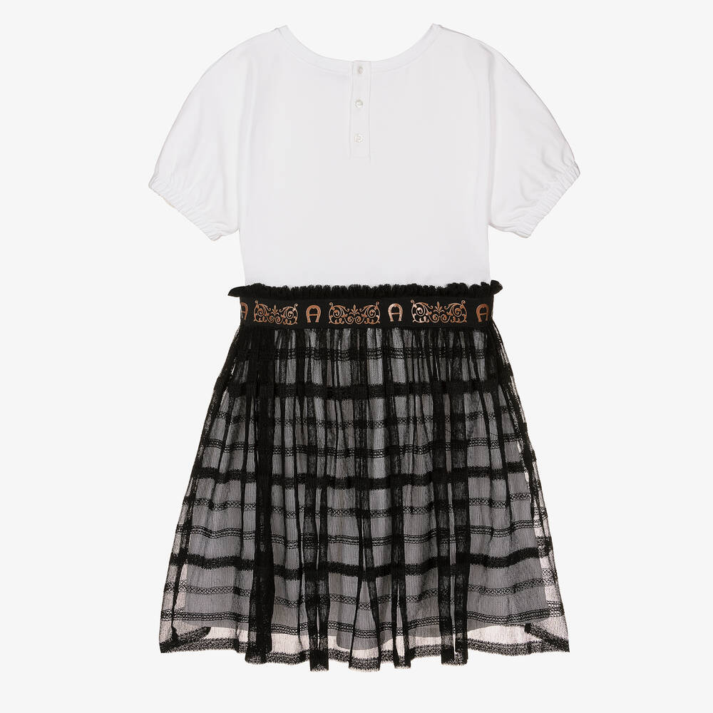 AIGNER-فستان قطن جيرسي شبك لون أسود وأبيض | Childrensalon Outlet