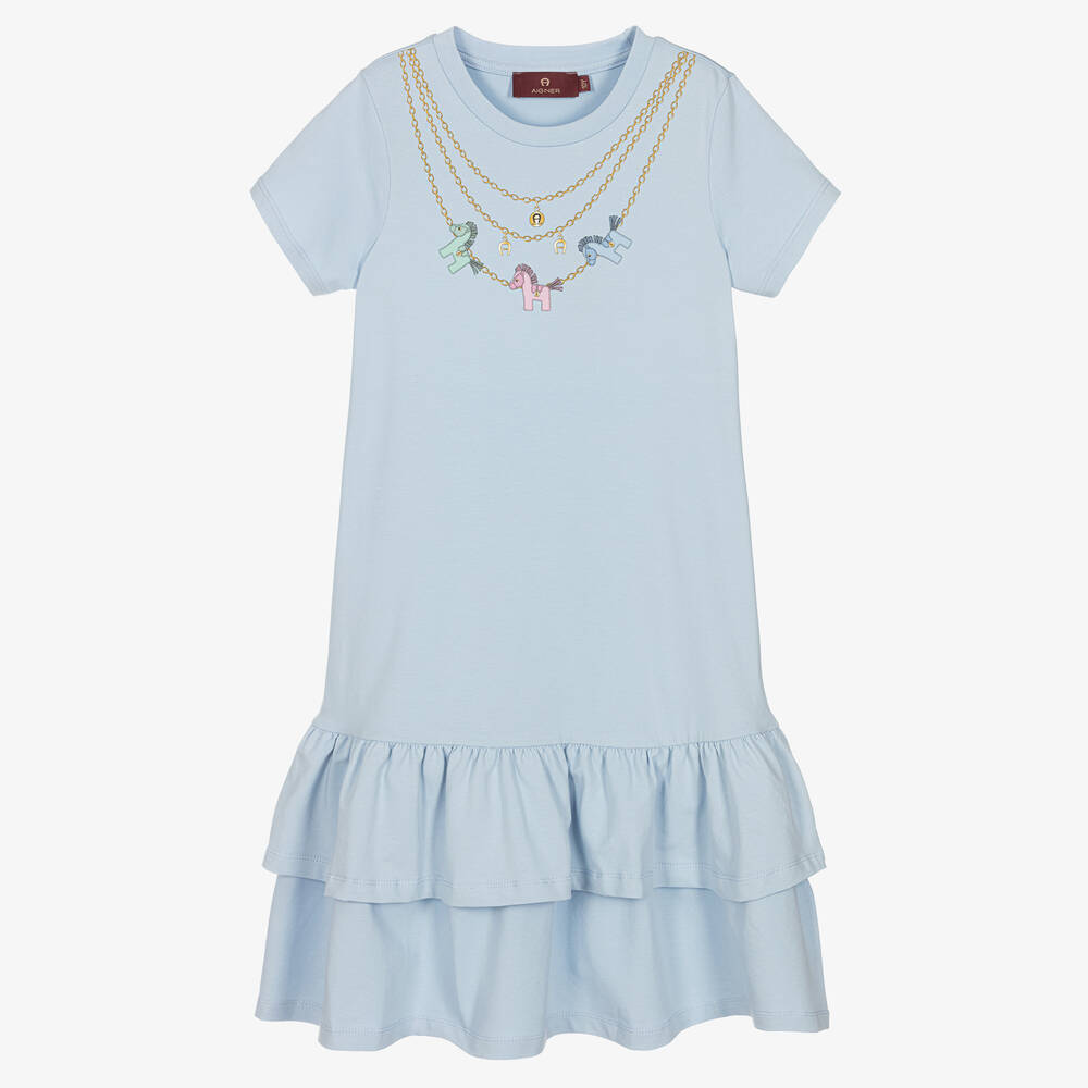 AIGNER - Голубое хлопковое платье с принтом-ожерельем | Childrensalon