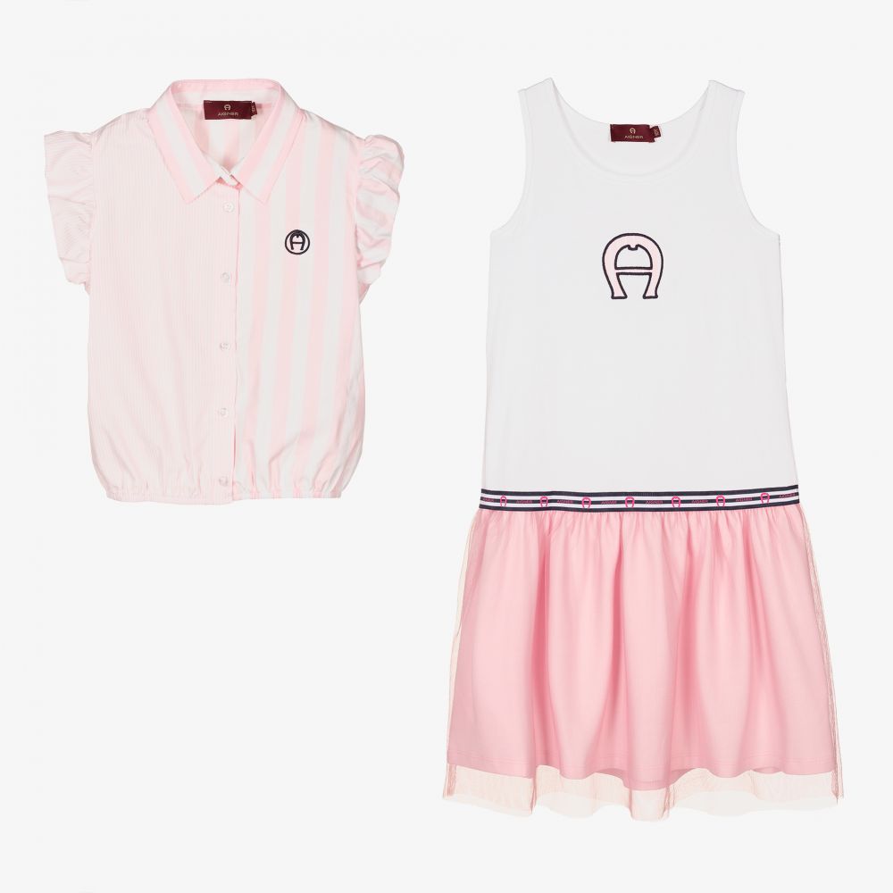 AIGNER - طقم فستان تينز بناتي قطن لون زهري وأبيض | Childrensalon
