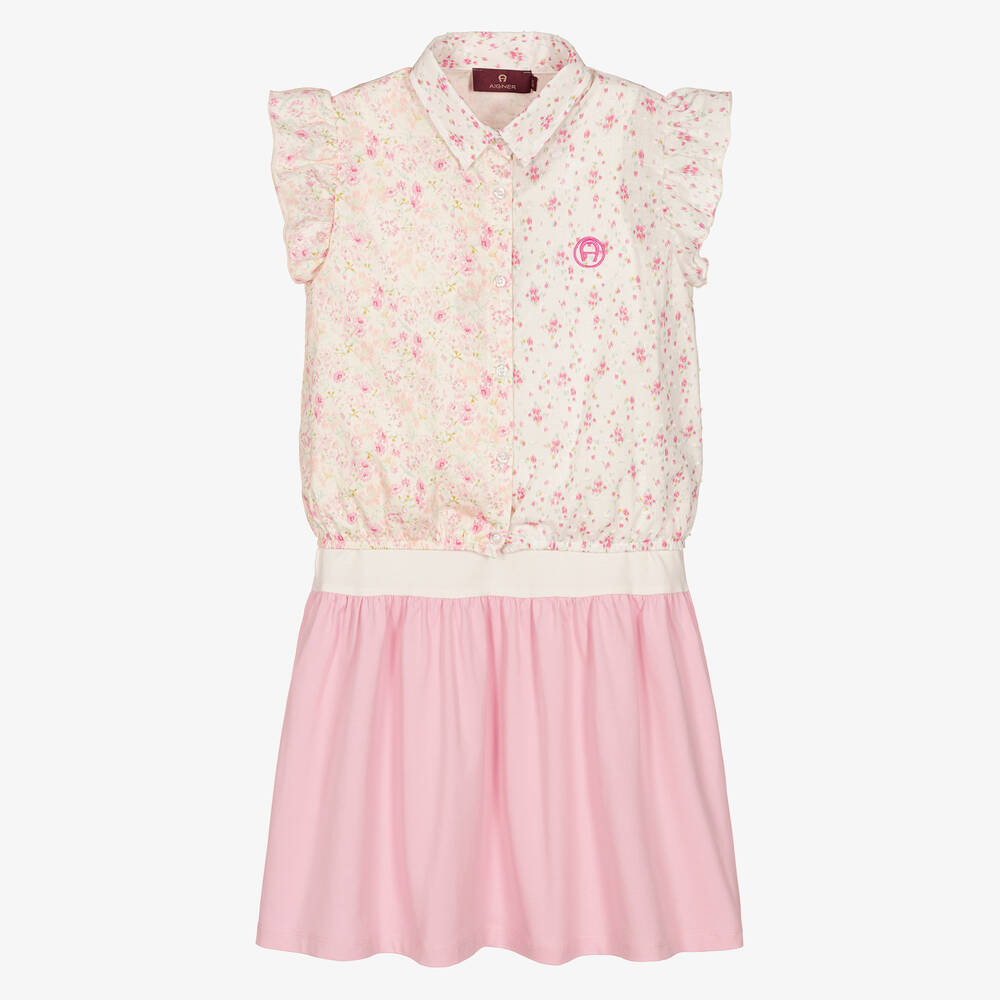 AIGNER - طقم بلوز وفستان قطن لون عاجي وزهري بطبعة ورود | Childrensalon