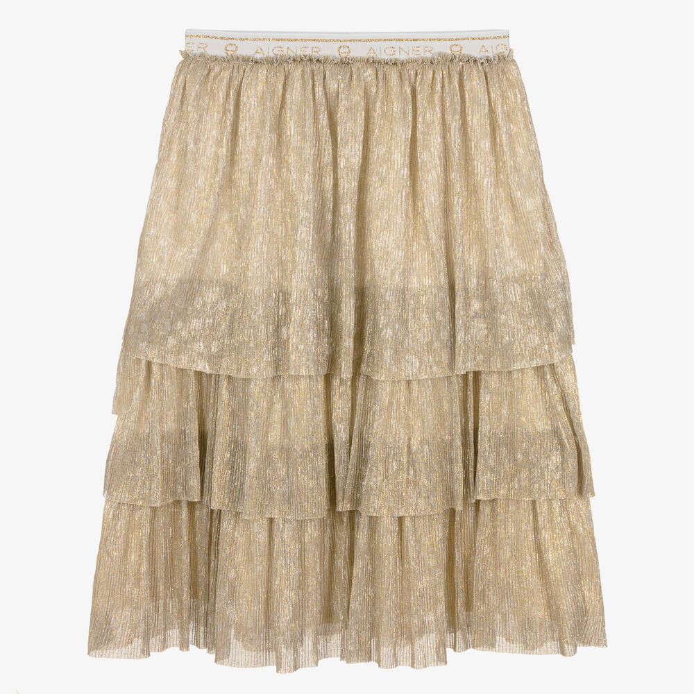 AIGNER-Teen Girls Gold Ruffle Plissé Skirt | Childrensalon Outlet