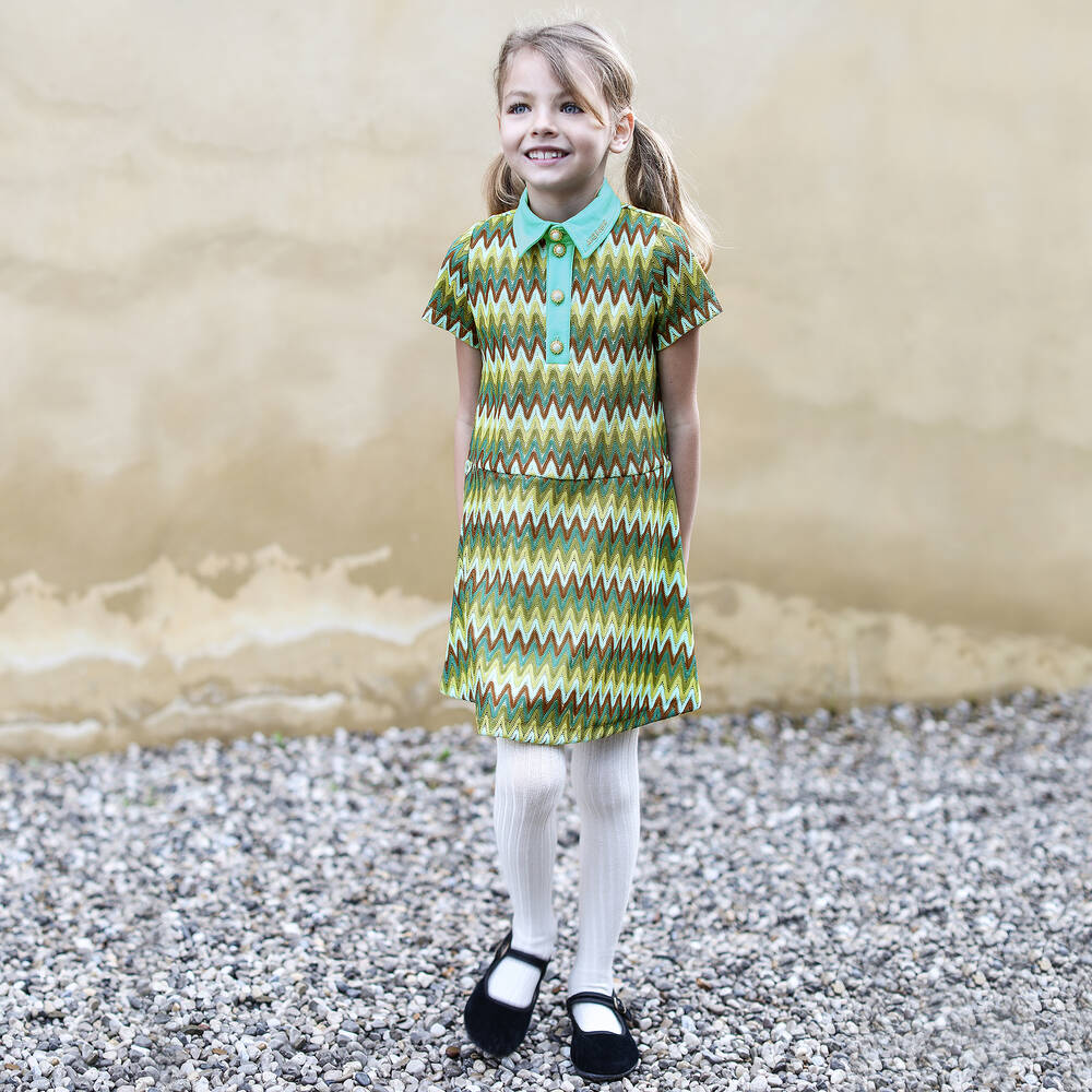 AIGNER-فستان تينز بناتي بطبعات متعرجة لون بني وأخضر | Childrensalon Outlet