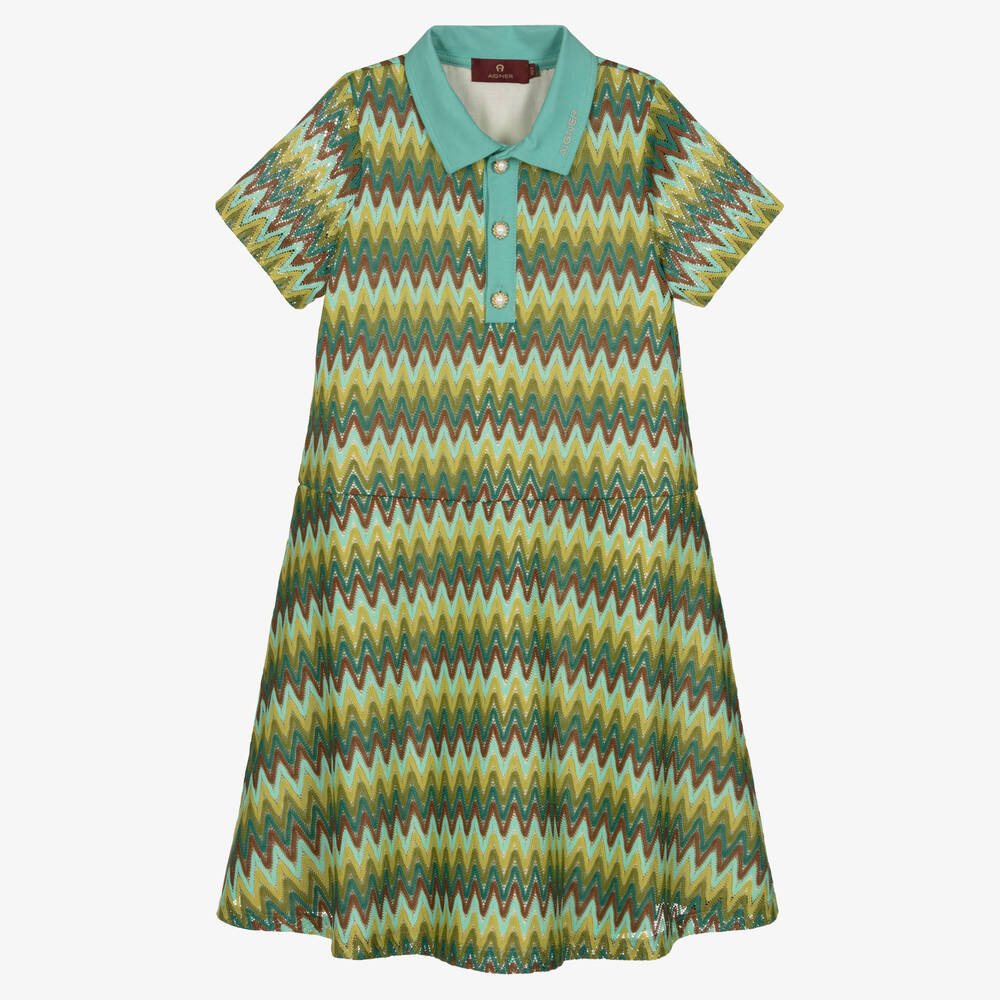 AIGNER - فستان تينز بناتي بطبعات متعرجة لون بني وأخضر | Childrensalon