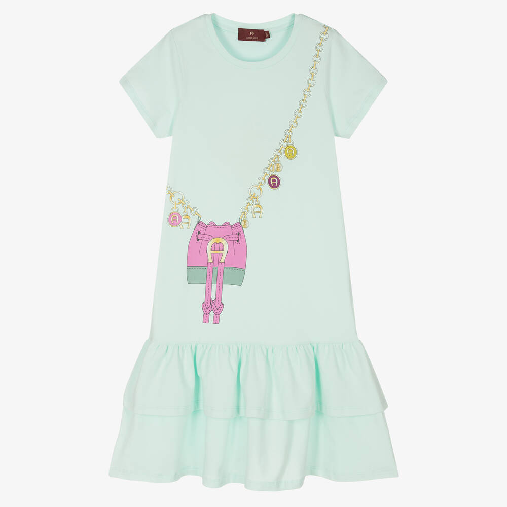 AIGNER - Зеленое хлопковое платье с принтом-сумкой | Childrensalon