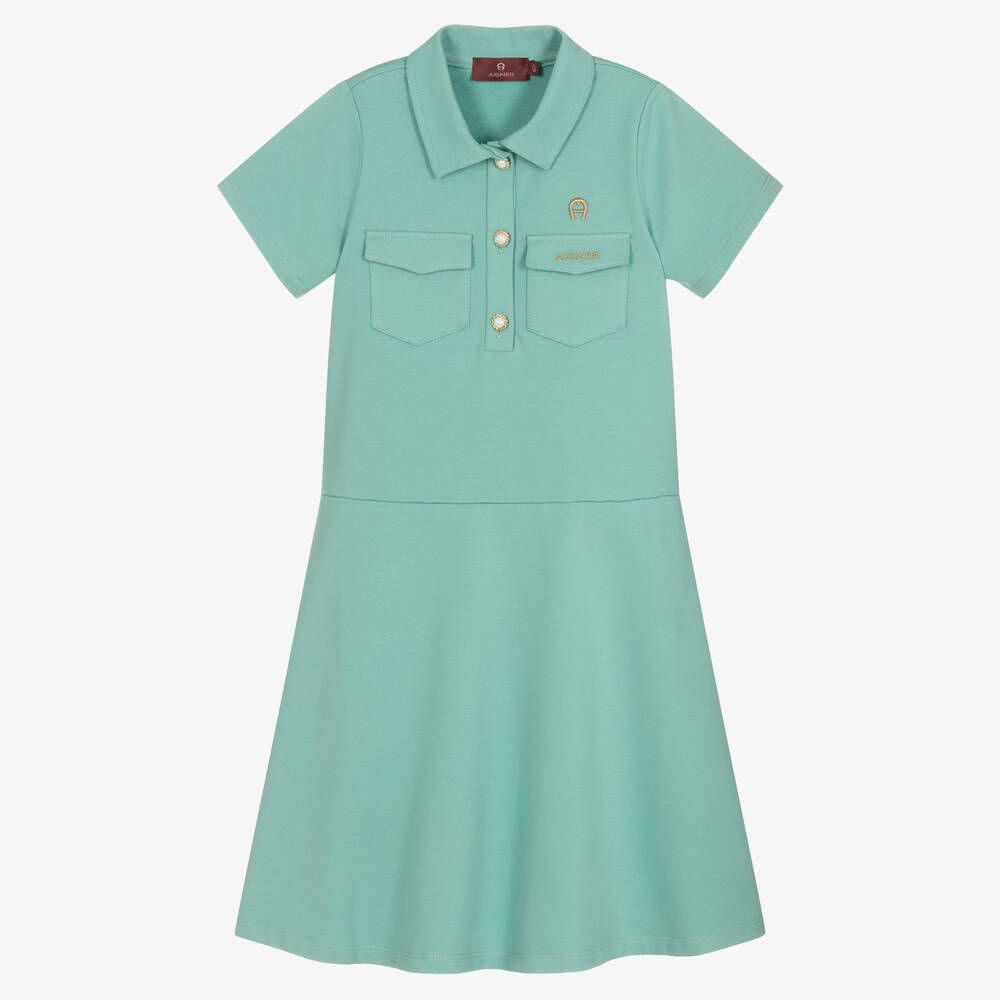 AIGNER - فستان تينز بناتي قطن جيرسي لون أخضر | Childrensalon