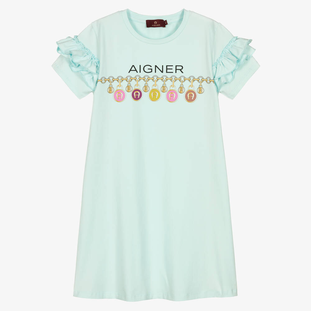 AIGNER-فستان تينز بناتي قطن جيرسي لون أخضر فاتح | Childrensalon Outlet