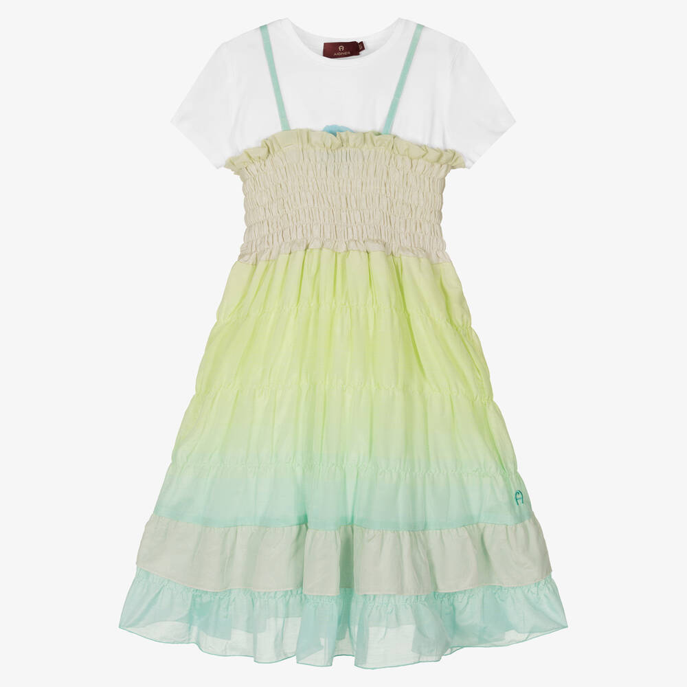 AIGNER - طقم فستان تينز بناتي قطن جيرسي لون أخضر وأزرق | Childrensalon
