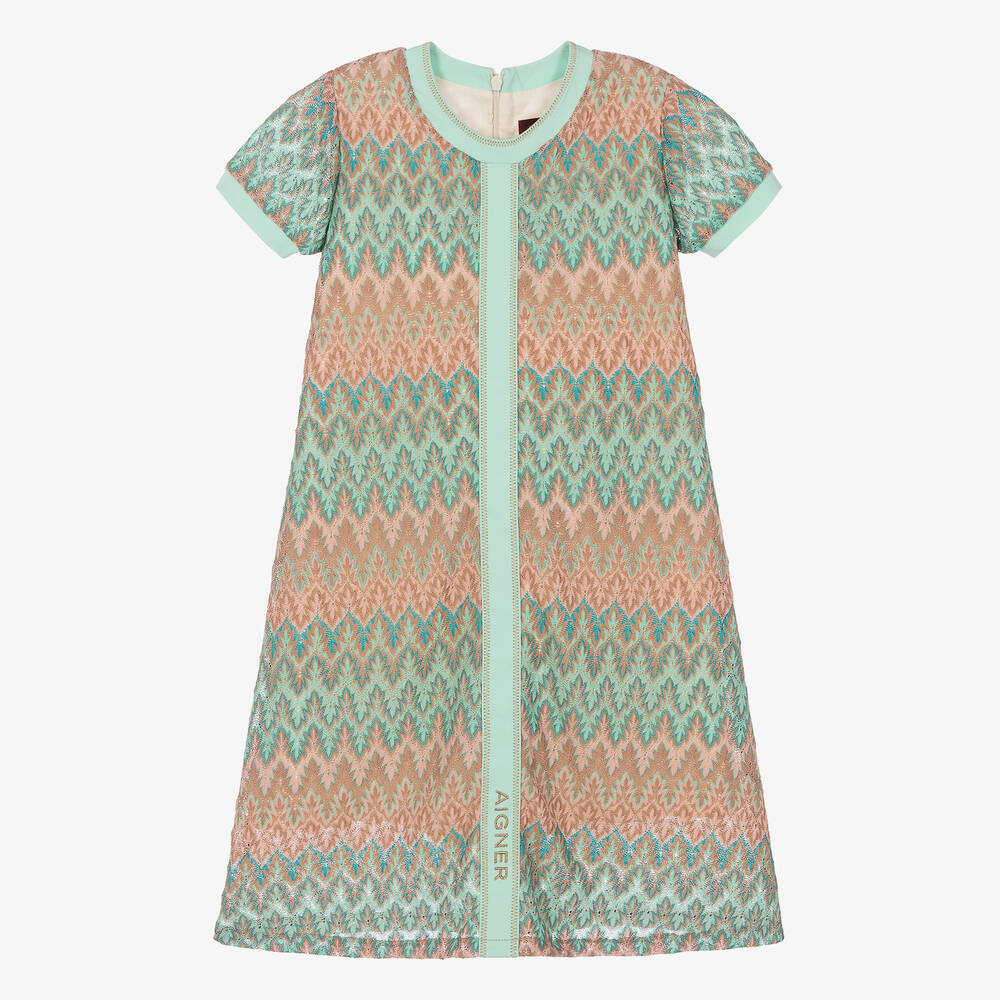 AIGNER-Teen Girls Green & Pink Knitted Lace Dress | Childrensalon Outlet