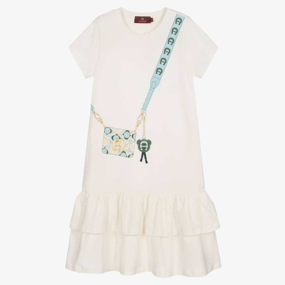 AIGNER - فستان تينز بناتي واسع قطن لون عاجي | Childrensalon