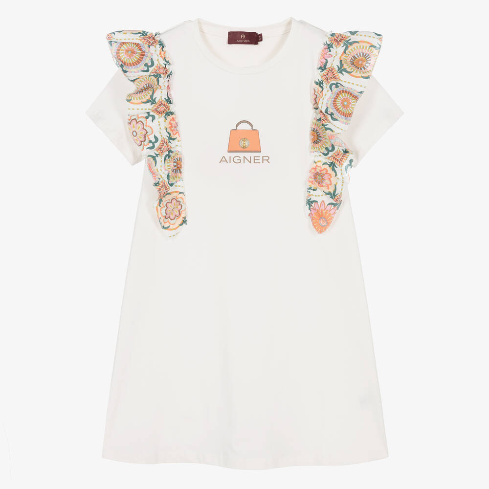 AIGNER-فستان تينز بناتي قطن بوبلين لون عاجي مزين بكشكش | Childrensalon Outlet