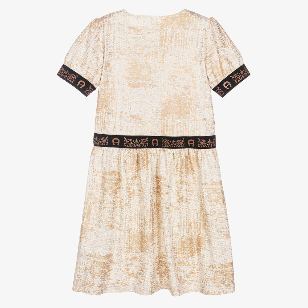 AIGNER-فستان تينز بناتي قطن جيرسي لون عاجي وذهبي | Childrensalon Outlet