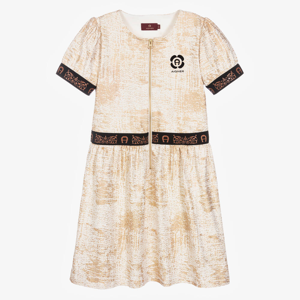 AIGNER - Robe ivoire et dorée en coton ado | Childrensalon