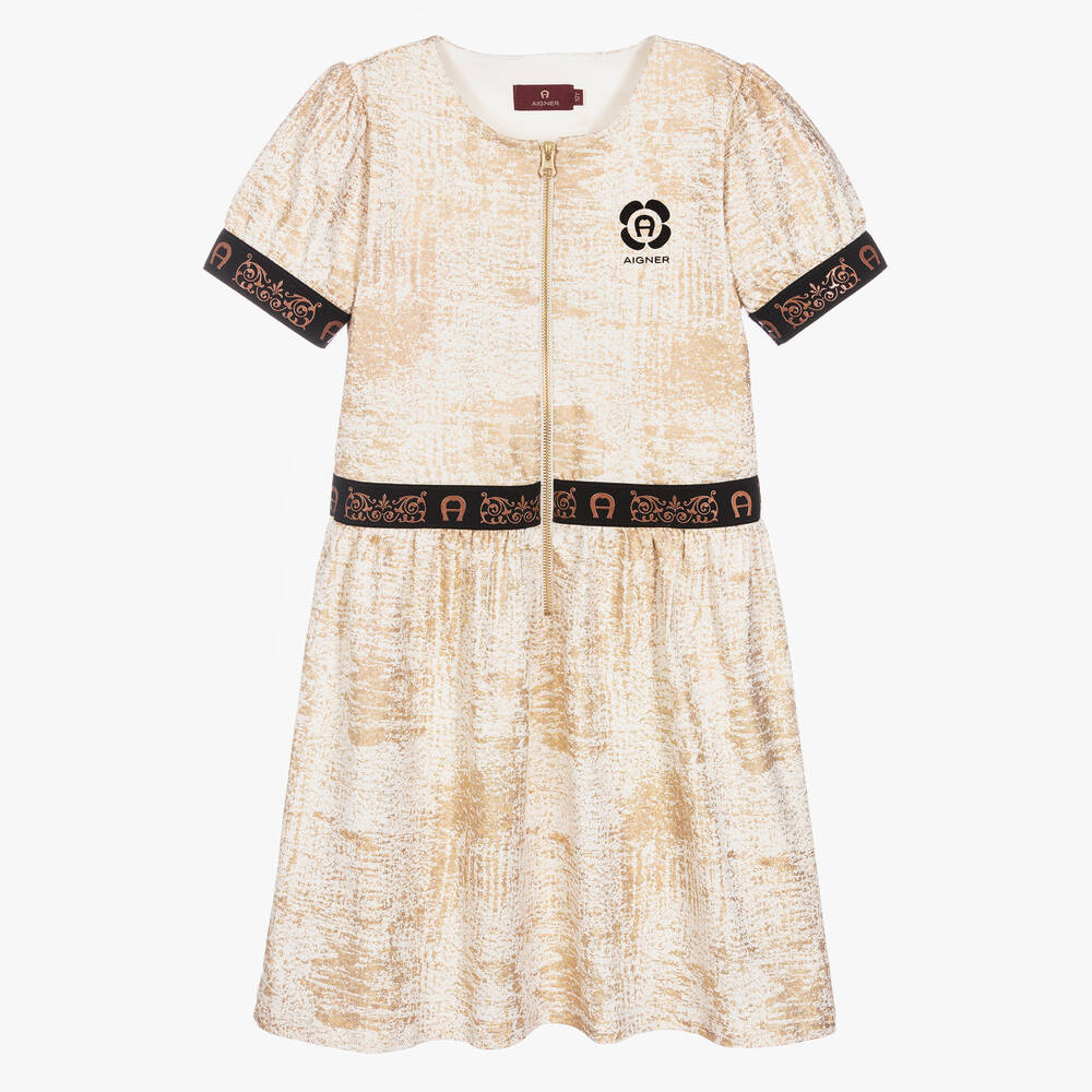 AIGNER - Teen Girls Ivory & Gold Cotton Logo Dress | Childrensalon