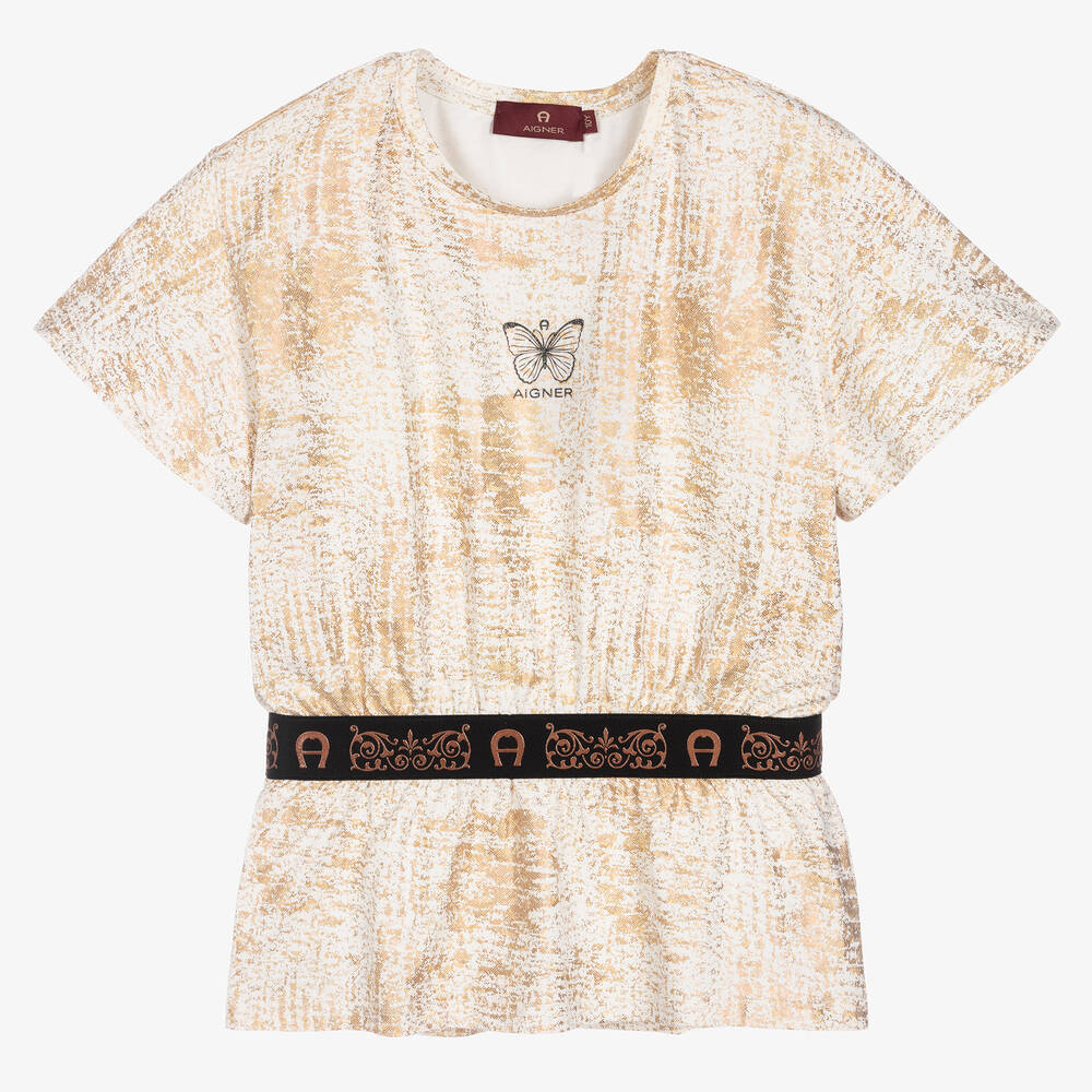 AIGNER - Teen Girls Ivory & Gold Cotton Logo T-Shirt | Childrensalon