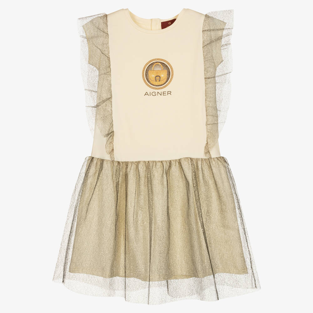 AIGNER - Teen Girls Ivory Jersey & Gold Tulle Dress | Childrensalon