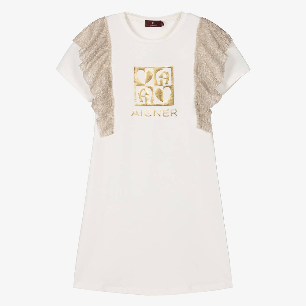 AIGNER-Teen Girls Ivory & Metallic Gold Cotton Dress | Childrensalon Outlet