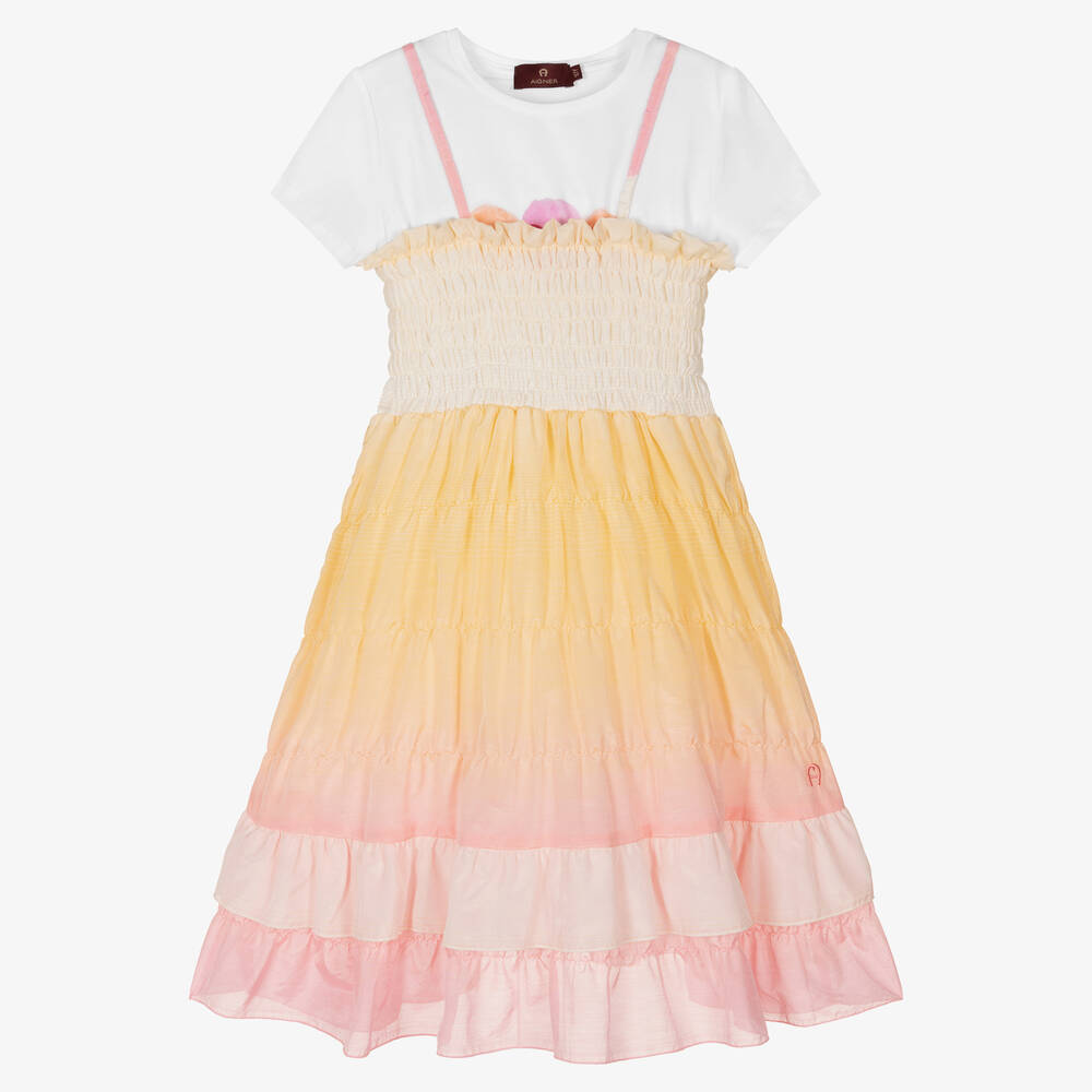 AIGNER - طقم فستان تينز بناتي مزيج قطن لون برتقالي | Childrensalon