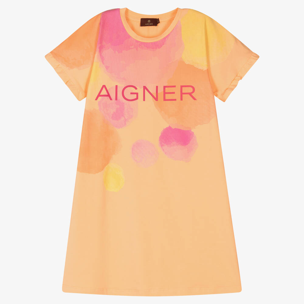AIGNER - فستان تينز بناتي قطن جيرسي لون برتقالي وزهري | Childrensalon