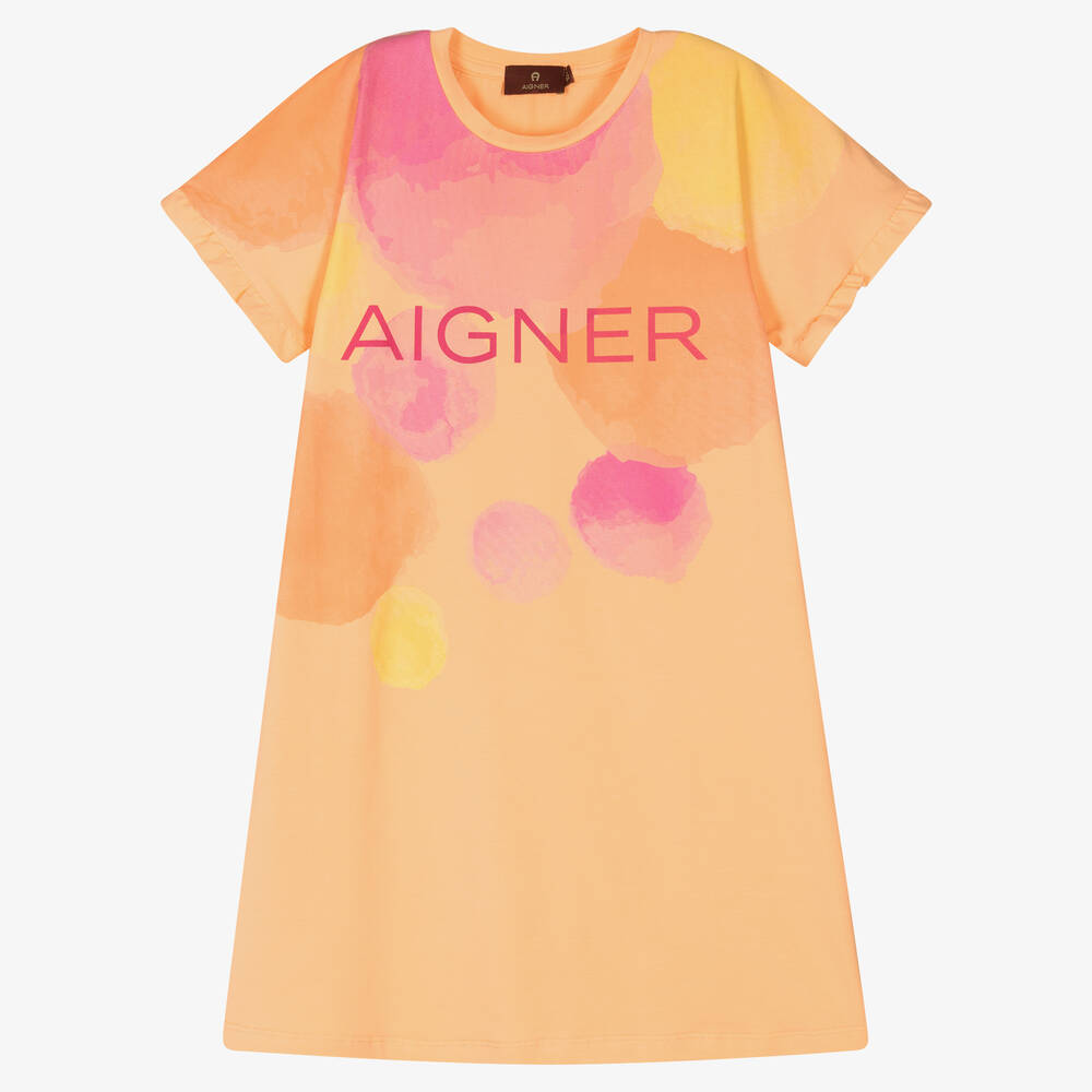 AIGNER-فستان تينز بناتي قطن جيرسي لون برتقالي وزهري | Childrensalon Outlet