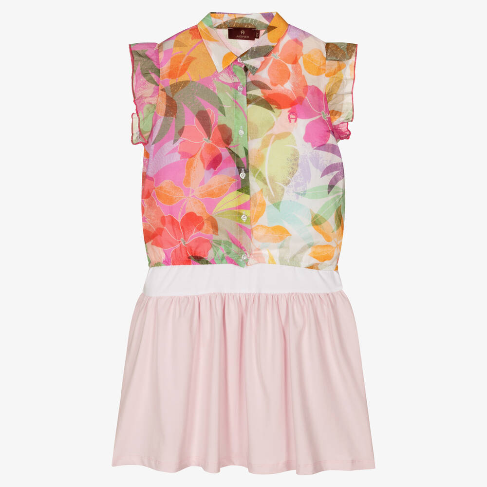AIGNER - طقم فستان تينز بناتي قطن لون زهري بطبعة ورود | Childrensalon