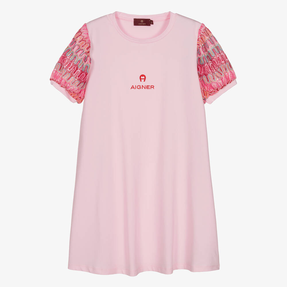 AIGNER - Розовое хлопковое платье с пышными рукавами | Childrensalon