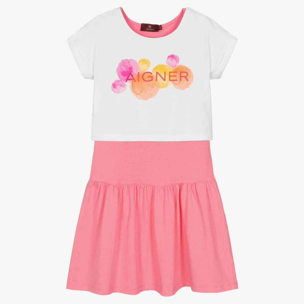 AIGNER - طقم فستان تينز بناتي قطن جيرسي لون زهري وأبيض | Childrensalon
